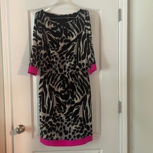 ST JOHN SILK BLEND DRESS ABSTRACT ANIMAL PRINT W PINK TRIM 10